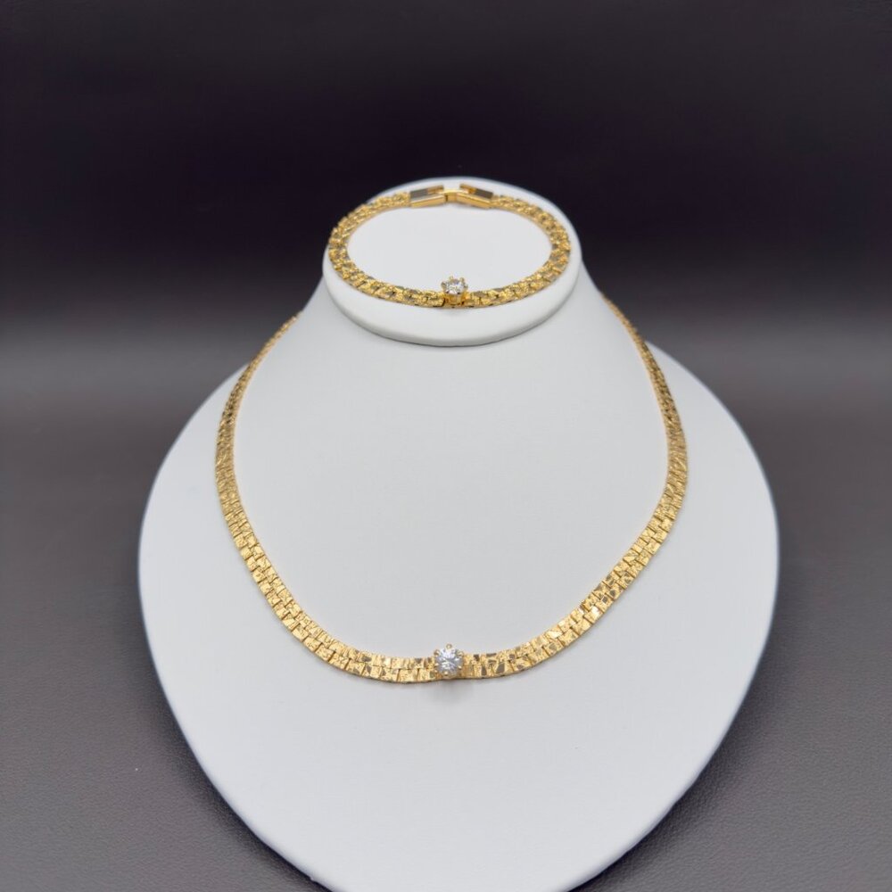 Vintage Gold Tone Textured Nugget Link Necklace Bracelet Set Crystal Accent - Picture 6 of 12
